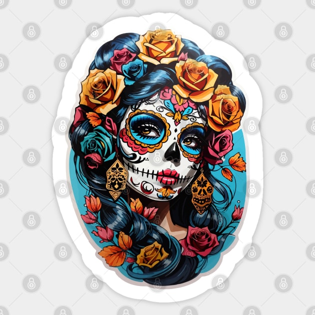 Sugar Skull girl, Dia de los Muertos Sticker by CatCoconut-Art